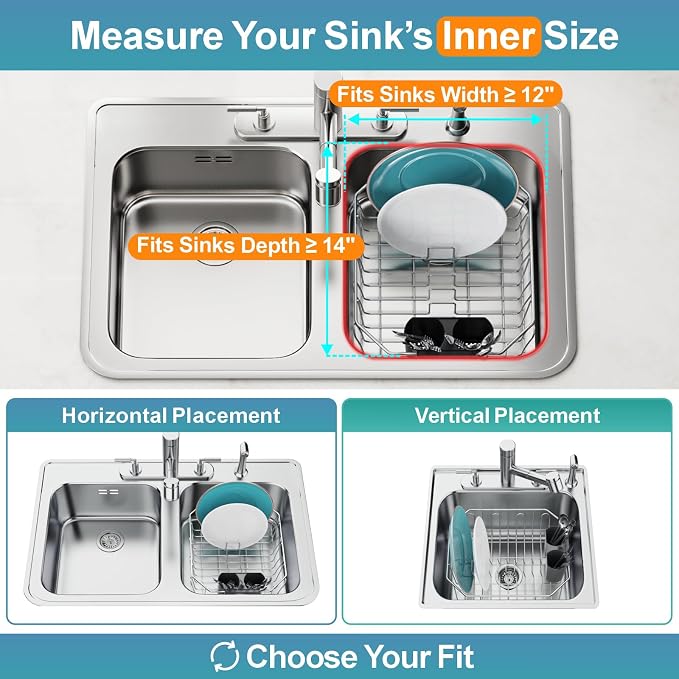 Small in Sink Dish Drying Rack - Stainless Steel for RV Kitchen | Compact Design for Apartments, Angled Corners Fit Square & Round Sinks, Utensil Holder, Cup Hooks, 1-2 Person, 11.6" x 13.4"
