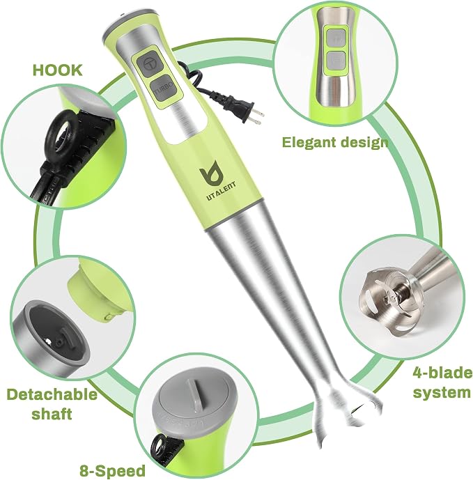 UTALENT Immersion Hand Blender with chopper - Puree Baby Food, Sauce & Soup | 8-speed, Pure Copper Winding Motor, 5.2 feet power cord, 4-point Ice crush blade, 500ml chopper, 600ml vessel, Whisk, Frother