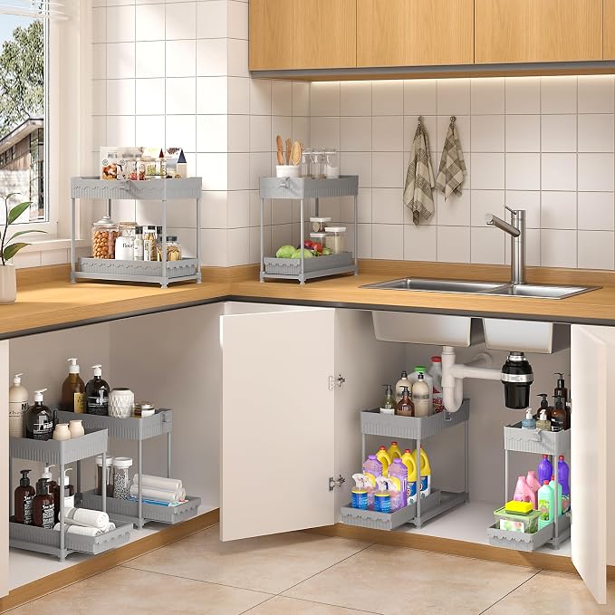 3-Pack 2-Tier Under Sink Organizers with Sliding Drawers | Multi-use kitchen & bathroom storage, 12.8 inch gray cabinet organizer, space-saving sliding drawer design.