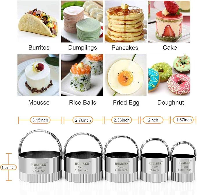 HULISEN Biscuit Cutter Set 5-Pc, Fluted Cookie Cutters with Handle | Stainless Steel, Dishwasher Safe, Etched inch/cm Markings, Gift-Ready Package, Ergonomic Arched Grip, Scones Linzer Cookies