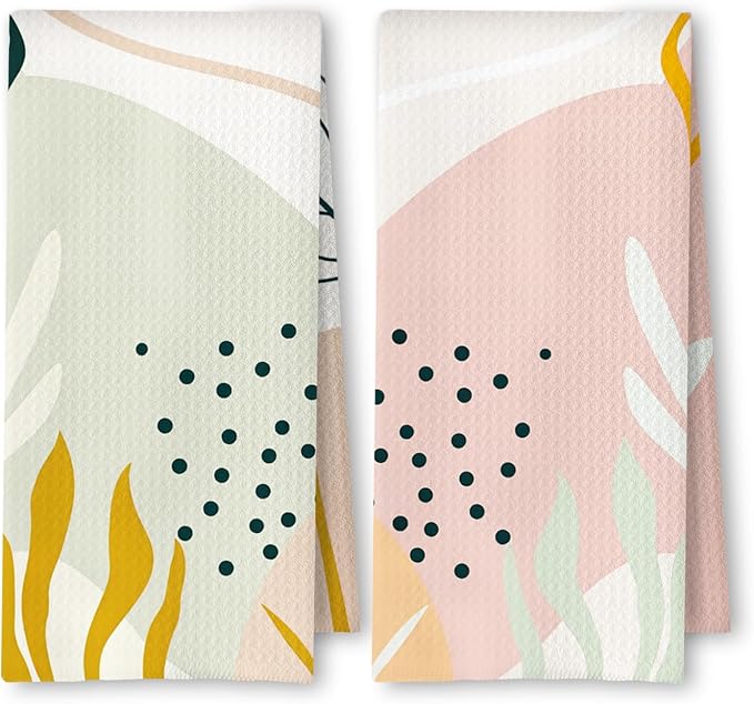 Abstract Boho Floral Kitchen Towels Set of 2, Green and Pink Boho Botanical Leaf Dish Tea Towels for Kitchen Decor, Mid Century Modern Hand Towels for Bathroom Decor, 16x24 Inch