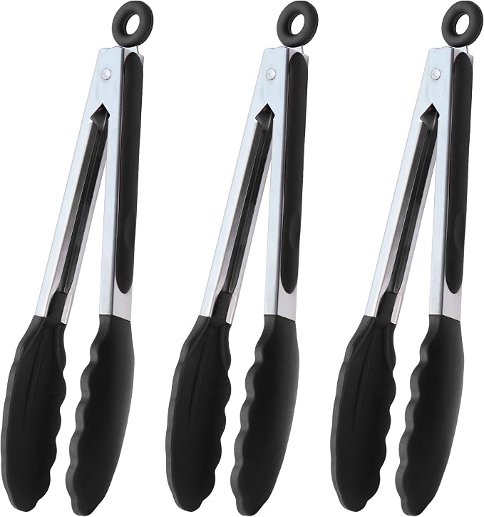 HINMAY Serving Tongs 9" Cooking Tongs with Silicone Tips, Set of 3 (Black)