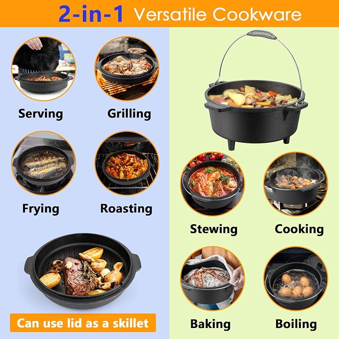 HaSteeL 7 QT Cast Iron Dutch Oven, Large 2 in 1 Camp Pre-Seasoned Deep Pot & Lid Skillet Pan, Heavy Thick 7 Quart Multiple Cookware with Feet for Outdoor Camping Baking, Bracket and Lid Lifter