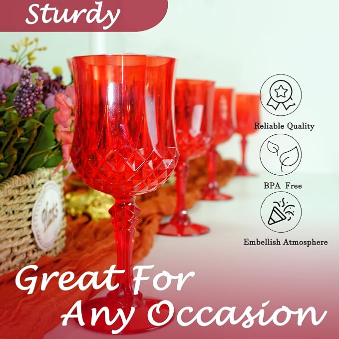 24Pack Plastic Wine Glasses, 7oz Vintage Goblets for Wedding | Unbreakable Crystal Style Reusable Stemware, Elegant Red Drinking Glass for Party Anniversary & Holiday Celebration