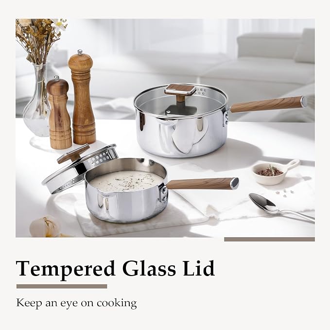 CAROTE1.5Qt & 3Qt Stainless Steel Saucepan Set, Triple Ply Stainless Steel Pot, Saucepan with Glass Lid, Small Sauce Pot with Wooden Handle, Easy Pour Rim