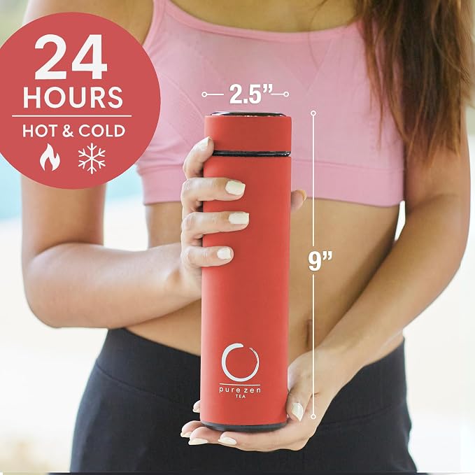 Pure Zen Tea Insulated Tea Infuser Bottle, 15 oz, Tea Thermos with Infuser | Leakproof, Hot and Cold 24 Hrs - for Tea, Coffee and Water, Stainless Steel, Tea Gift Set, Tea Tumbler with Infuser, Blue