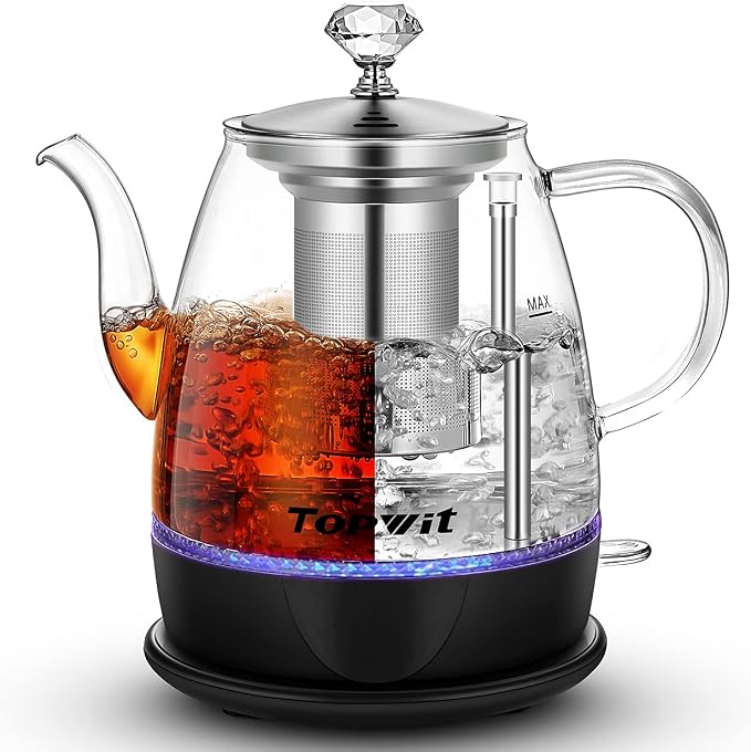 Topwit 1L Glass Electric Kettle, Gooseneck Electric Tea Kettle, BPA-free | Removable Stainless Steel Tea Infuser, Auto-Shut Off, Boil-Dry Protection, Dual-Purpose For Hot Water, Tea & Coffee, Black