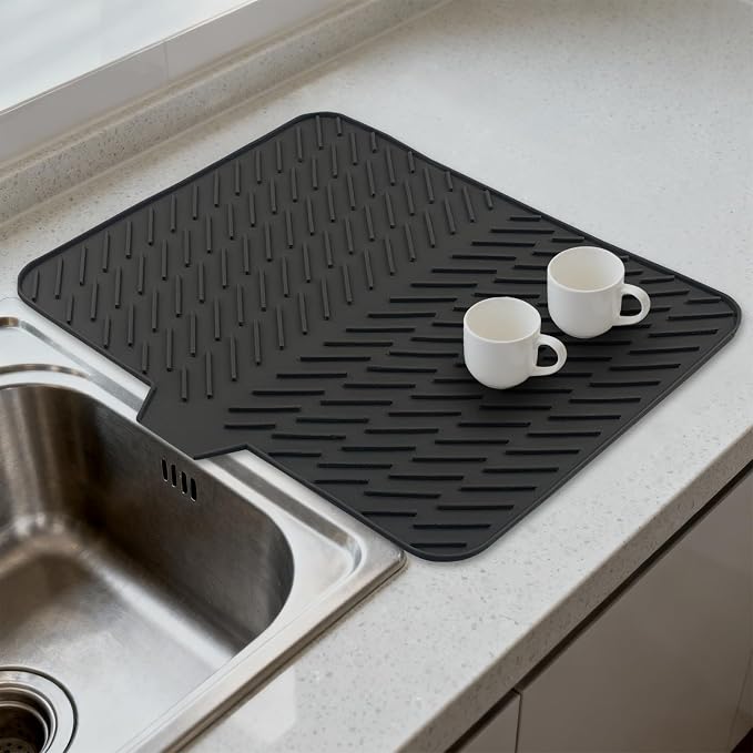 Silicone Dish Drying Mat for Kitchen Counter, Black-1pcs, 23" x 17" | Heat Resistant & Non-Slip Dish Drain Pad with Built-In Drain, Dishwasher Safe, Quick-Dry, Hangable & Roll-Up for Storage