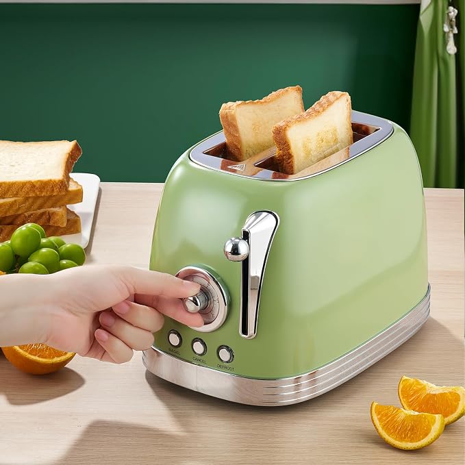 Wiltal Green Cute Retro Toaster 2 Slice with 1.58" Wide Slots, with Stainless Steel Lid, with Warming Rack, Preheat, Defrost, Countdown Timer Display
