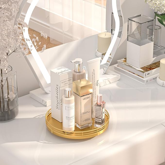 Oroyutor 9-Inch Oak Lazy Susan Vanity Tray with Gold Metal Rail | Rotating oak tray organizes spices, toiletries and decor on kitchen counters, bathroom vanities, dining and coffee tables.