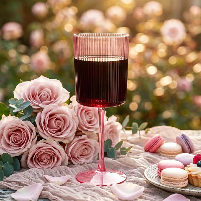 Ciaell 12 Pack Pink Plastic Wine Glasses for Weddings Outdoor Gatherings | 10 oz Pink Ribbed Square Stemmed Cups, Heavy Duty Plastic, Champagne Wine Cocktails Beverages for Parties Birthdays Dinners