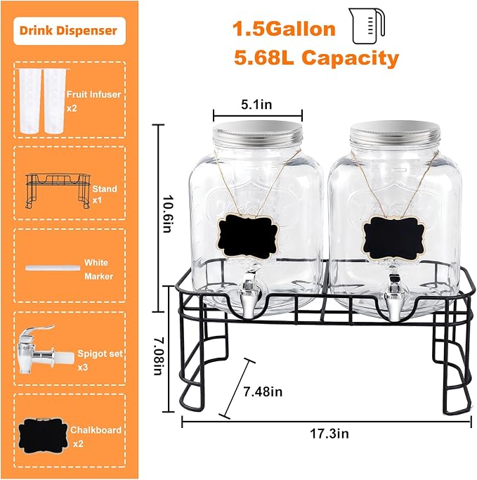 1.5 Gallon Glass Drink Dispensers For Parties-Set of 2,Drink Dispenser with Fruit Infuser & Stand,Juice or Beverage Dispenser for BBQ, Picnic, Party,Water Dispenser Laundry Detergent Dispenser