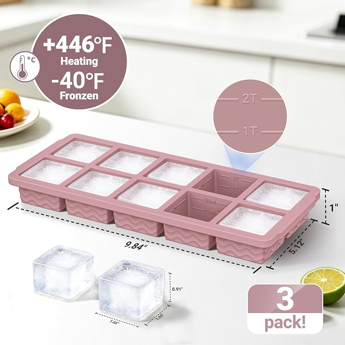 3-Pack Ice Cube Trays with Lid, 10 Cubes 2 Tbsp, Silicone Tray for Freezer | BPA Free, Leak-proof Lid, Freeze Ice Cubes, Chocolates, Sauces, Juices, Fruit Purees, Meal Prep, Cocktail, Coffee, Soup, Food
