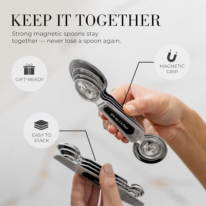 Styled Settings Stainless Steel Magnetic Measuring Spoons Set, 8-Piece | BPA-free, Stackable, Double Sided Measuring Spoons with Leveler for Dry and Liquid Ingredient - Fits in Spice Jars