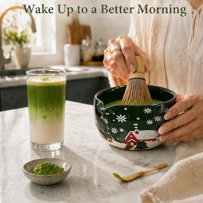 Matcha Whisk Set, Ceramic Matcha Set Includes Bowl & Holder, Bamboo Whisk (Chasen), Scoop, Spoon and Sifter, 6Pcs Matcha Kit Covers Everything Needed for Making Matcha