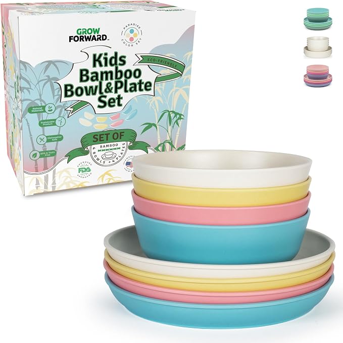 Grow Forward Bamboo Kids Plates and Bowls Sets - 8-Piece Dishwasher Safe Non Toxic Plates for Kids - Reusable Eco Friendly BPA Free Dishes Dinnerware Sets for Children - Paradise