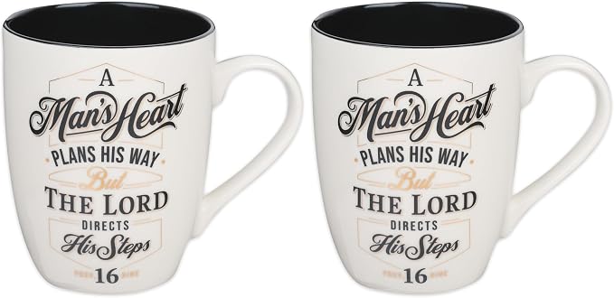 Christian Art Gifts Inspirational Ceramic Coffee & Tea Scripture Mug for Men: A Man's Heart Encouraging Bible Verse Proverb, Novelty Drinkware, Golden Foil Accents, White & Black, 12 oz. (Pack of 2)