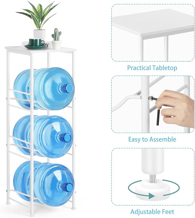 OYEAL 5 Gallon Water Bottle Jug Holder 3-Tier Water Bottle Holder Organizer with Top Shelf, Heavy Duty Water Dispenser Stand Rack for Kitchen Living Room Office, White