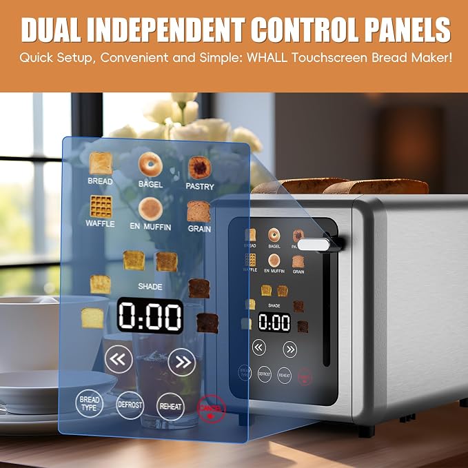 WUNLY Smart Digital 2 Slice Toaster with Touch Screen,1.5'' Extra Wide Slots for Bagel, Digital Countdown & Sound Control, 6 Bread Types & 6 Shade Settings, Defrost/Reheat/Standby,Platinum
