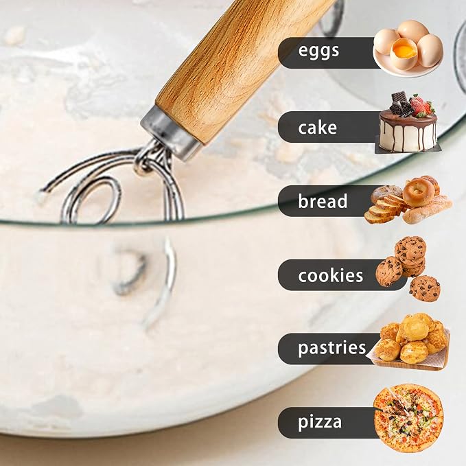 TEEVEA Danish Dough Whisk Wooden Handle Stainless Steel for Sourdough Bread | Dutch Dough Hook, Replaces Hand Mixer and Spoon, Bread Baking Tool, Food Grade Rust Resistant Steel, Non-Stick, Easy to Clean