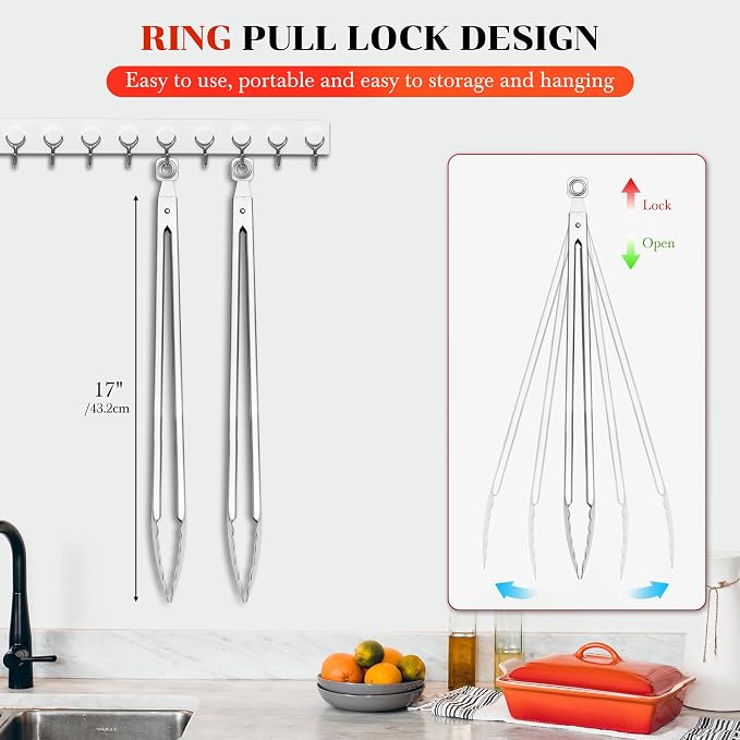 17" Extra Long Metal Tongs,Grilling Tongs,Stainless Steel Tongs for Cooking | Heat Resistant Heavy Duty Grill Tongs BBQ Tongs for Cooking, Grilling, BBQ/Barbecue, Food (All Metal - 17")