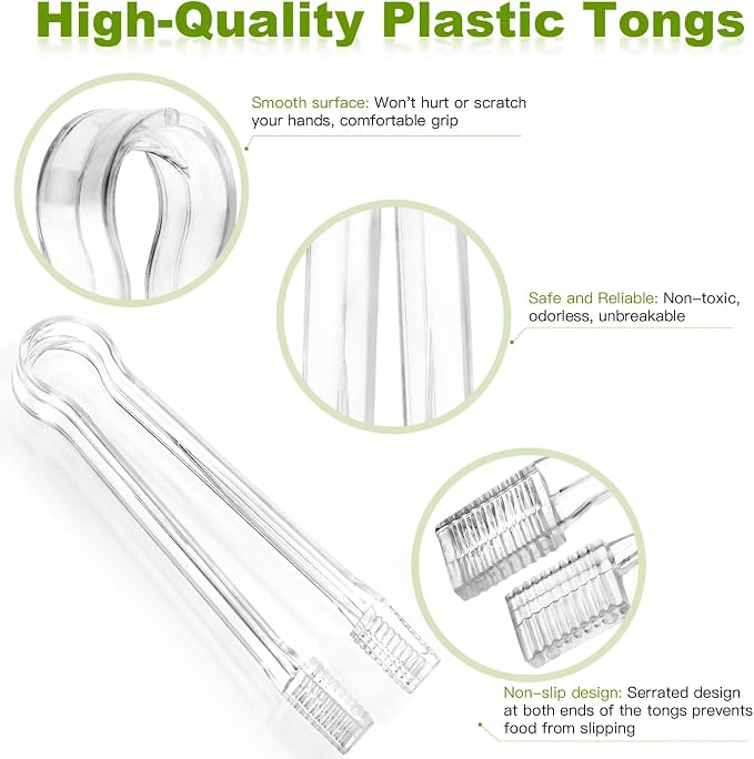 Ninsula 12 PCS Plastic Serving Tongs, 6.3 Inches Disposable Clear Tongs, Kitchen Small Serving Utensil Tongs for Party Catering Buffet Bakery Salad Cookies Ice