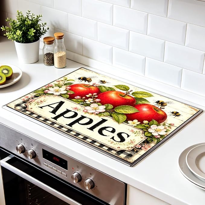 Farmhouse Apple Stove Top Cover 28x20 Inch Decorative Glass Stove Cover | Heat Resistant Cooktop Protector Mat with Non-Slip Backing, Scratch Protection and Countertop Drying Mat.