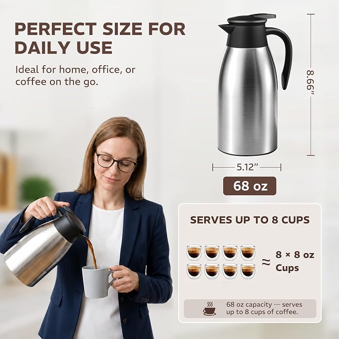 Thermal Coffee Carafe for Keeping Hot – 68OZ Insulated Camping Coffee Pot | 304 Stainless Steel Coffee Flask, Tea Pitcher for Hot Drinks Liquid Water, Insulated Beverage Dispenser for Parties