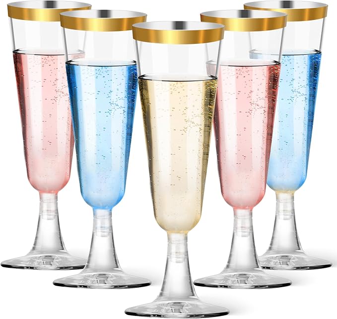 40 Pack Plastic Champagne Flutes with Gold Rim, 5.5 Oz Clear Disposable Plastic Champagne Glasses, Wine Glasses Cups for Wedding Celebration Birthday Party Wine Tasting New Years Eve Party Supplies