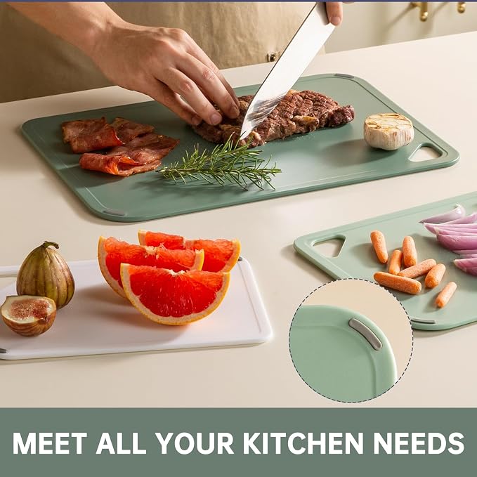 Plastic Cutting Board Set of 3-Cutting Boards for Kitchen BPA Free | Large-Small Chopping Boards, Non-Slip for Cooking, Dishwasher Safe, Camping, Portable, with Grip Handle, Sage Green
