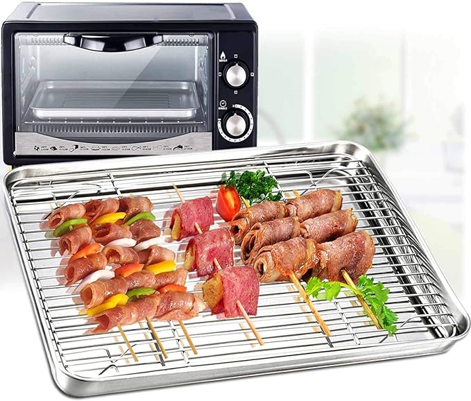 TeamFar Baking Sheet with Cooling Rack Set, 12.5 x 9.5 x 1 inch | Stainless Steel Baking Pan Tray Cookie Sheet with Baking Rack, Non Toxic & Healthy, Mirror Finish & Dishwasher Safe