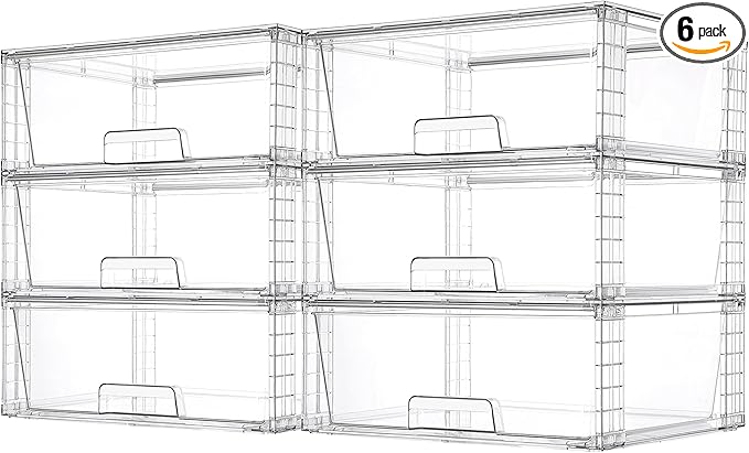 Vtopmart 6 Pack Large Clear Stackable Storage Drawers for Closet, Pantry | Easily Assemble Bathroom Closet Undersink Organizers,Plastic Bins for Cabinet,Kitchen Pantry,Medicine Organization