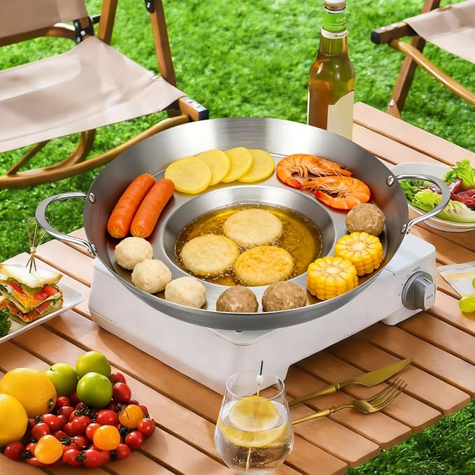Cabilock Stainless Steel Comal Frying Bowl with Double Handle, Rounded Flat Bottom Paella Pan, Home Wok Pot Non-stick Cooking Pan Kitchen Cookware for Stoves