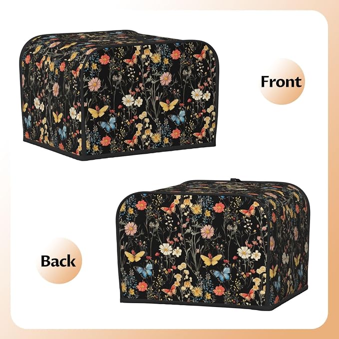 4 Slice Toaster Cover Wildflower Botanical Butterfly Flower Dust Proof Washable Kitchen Appliance Cover with Pocket, Oxford Fabric Countertop Toaster Protector for Standard Toasters Small Appliances