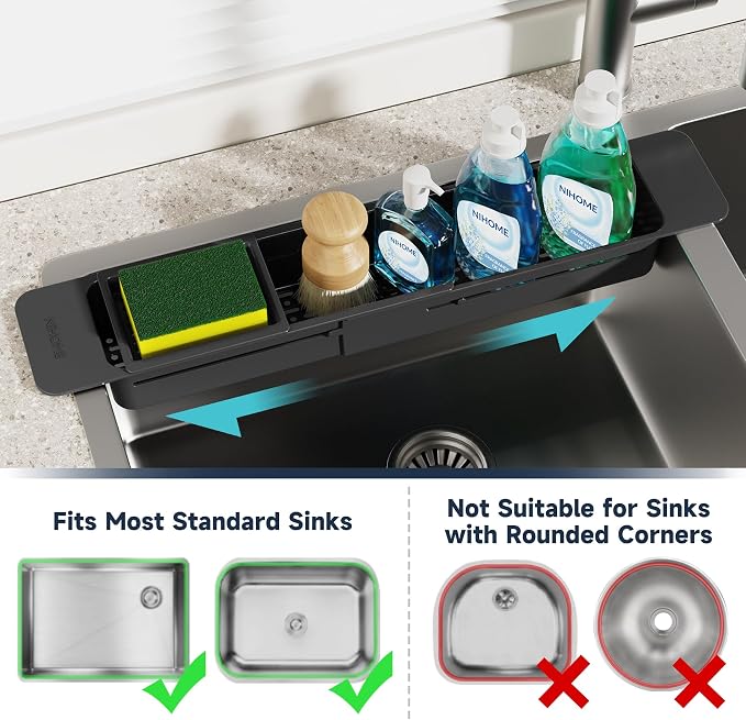 NiHome Extendable Kitchen Sink Caddy Extra Long Brush Sponge Storage Holder | Expandable Kitchen In Sink Organizer Extra Long for Brush & Sponge with Drainage, Adjustable Length, Non-Slip Pads (Black)