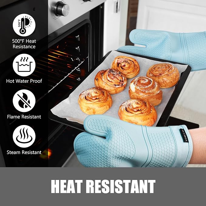RORECAY Silicone Oven Mitts and Pot Holders Sets, Kitchen Gloves, Sky Blue | Set of 6 Kitchen Mitts for Baking & Cooking, Heat Resistant 500 ℉, 12.7" Extra Long, Non-Slip & Waterproof, Quilted Cotton