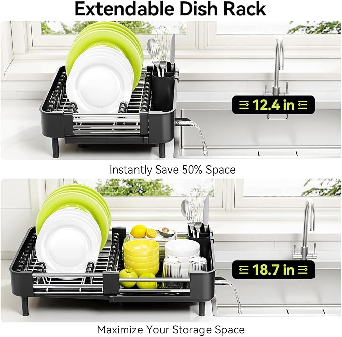 Urackify Extendable Stainless Dish Drying Rack for Kitchen Counter, Black | 13.78"W x 18.7"L, Foldable Drainboard for Space Saving, Knife and Utensil Holder, Fast-draining Spout