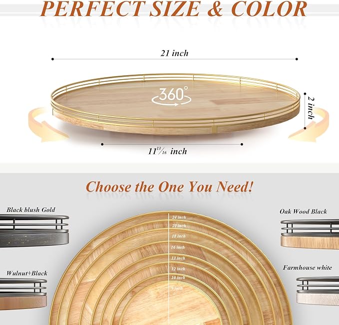 AMH 21-Inch Extra Large Lazy Susan with Oak Base and Black Iron Rail | Smooth rotating oak tray with walnut finish for dining tables, kitchen counters, pantries and cabinet storage.