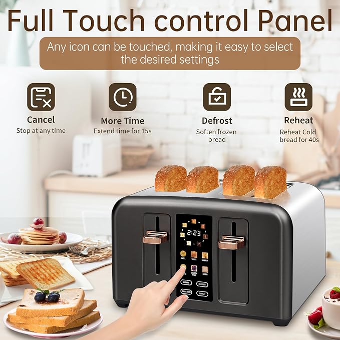 SEEDEEM 4 Slice Stainless Steel Toaster, 1.5" Wide Slots, Dark Metallic | Toaster 4 Slice, 6 Bread Type, 7 Shade Settings, 1.5'' Wide Slots, Cancel/Defrost/Reheat, Removable Crumb Tray, 1800W