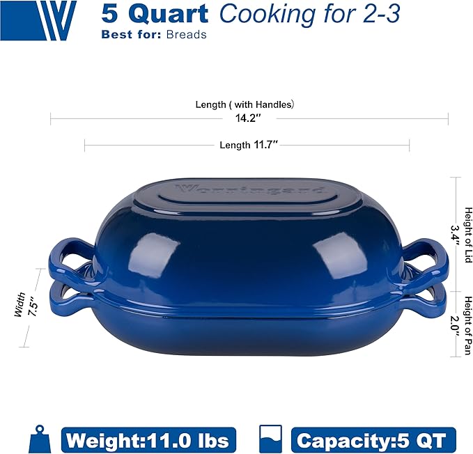 VORRINGARD Enameled Cast Iron Sourdough Bread Oven, Dutch Oven, Loaf Cast Iron Bread Pan for Homemade Bread Baking, Meatloaf Pan with Lid, 5QT, Blue