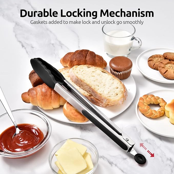 U-Taste Kitchen Tong for Cooking, 600ºF Heat-Resistant Silicone, 12in/Black | Large Tongs for Serving Food, Big Rubber Tong for Grill/BBQ, Silicon Tips & 18/8 Stainless Steel Handle, Smooth Locking