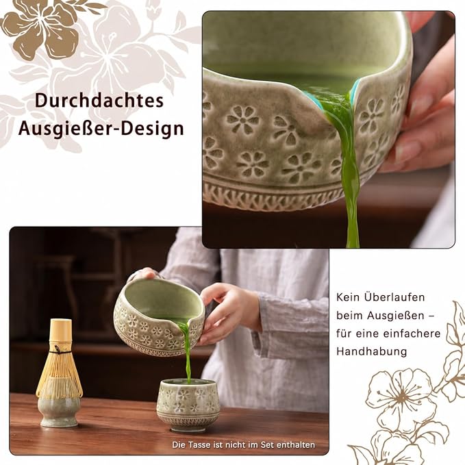 Buucup Matcha Whisk Set, Ceramic Matcha Kit Set with Bowl & Tools, Green | 7-piece set includes ceramic bowl, bamboo whisk, scoop, holder, rest, sifter and tea towel for authentic matcha preparation.