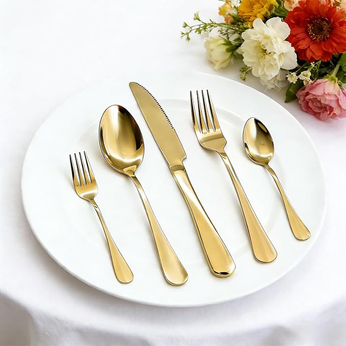 20 Piece Silverware Set, Kitchen Utensils Set for Restaurant & Home, Stainless Steel Cutlery Set, Flatware Set include Forks, Knives, Spoons, Household Essentials for New Home, Gold