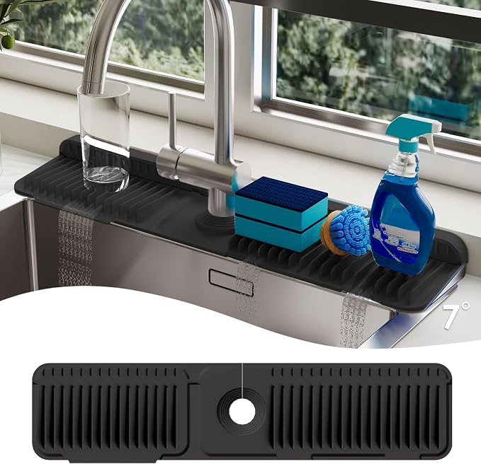 24-Inch Silicone Faucet Mat for Kitchen Sink Splash Guard, 7° Slope | 24"x5.5" water draining mat with fasten button; 1.6-2.75" customizable hole for bathroom, RV & kitchen sink drip catcher.