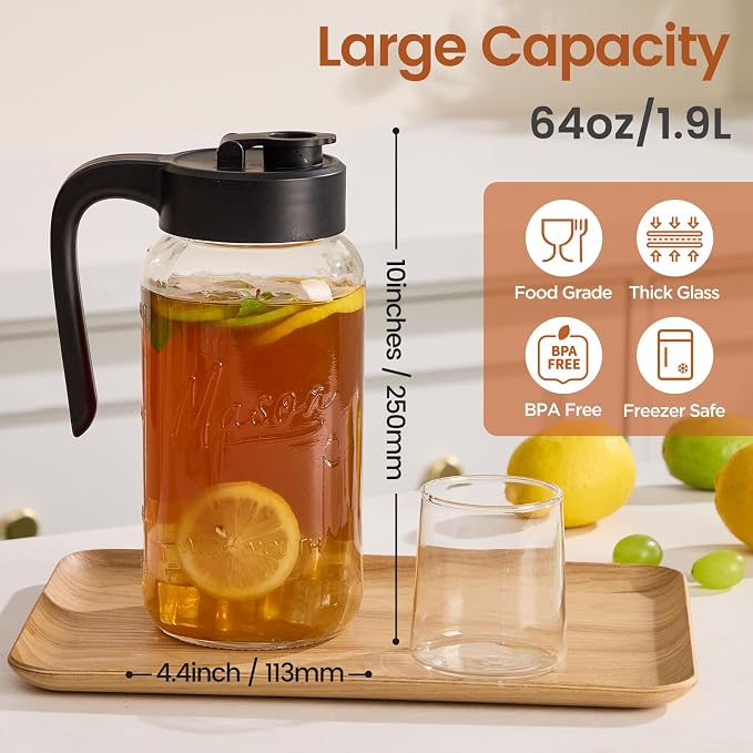 Mason Jar Pitcher with Tea Filter, 64 oz Glass Pitcher with Lid | Airtight, Leakproof, Pour Spout Lid, Ergonomic Handle, Fridge Safe, for Outside, Sun Tea, Lemonade, iced Tea