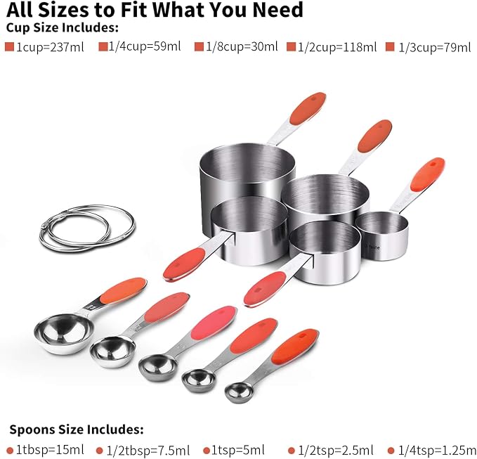 U-Taste Measuring Cups Spoons Set, 18/8 Stainless Steel, 10Pcs, Red | Upgraded Thickened Handle, Reinforced Welded Joints, Nested Stackable Design, Metal Measure Set for Kitchen Baking Cooking