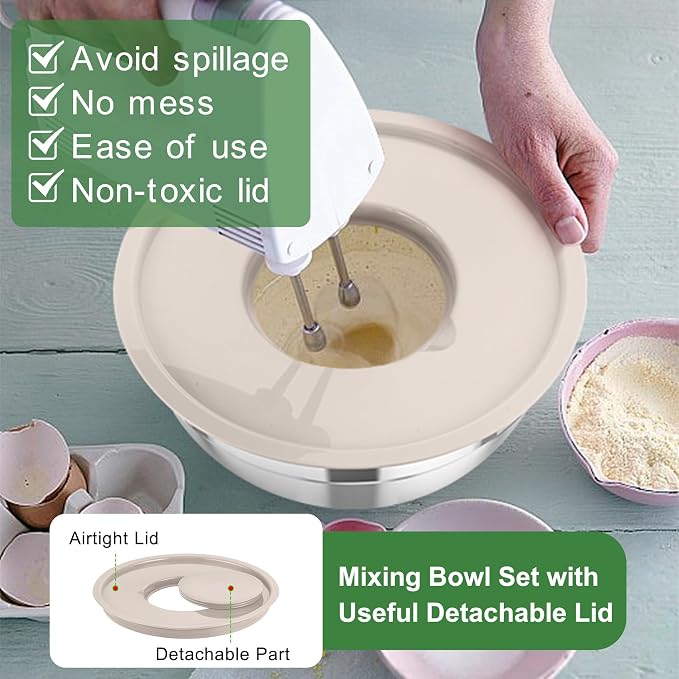 TeamFar Mixing Bowls with Lids, 5PCS Stainless Steel Metal Salad Bowl | with lids & 3 Grater Attachments, for Cooking/Prepping/Serving, Airtight Lids & Easy Clean - 0.7/1/1.5/2.6/4.6QT, Khaki