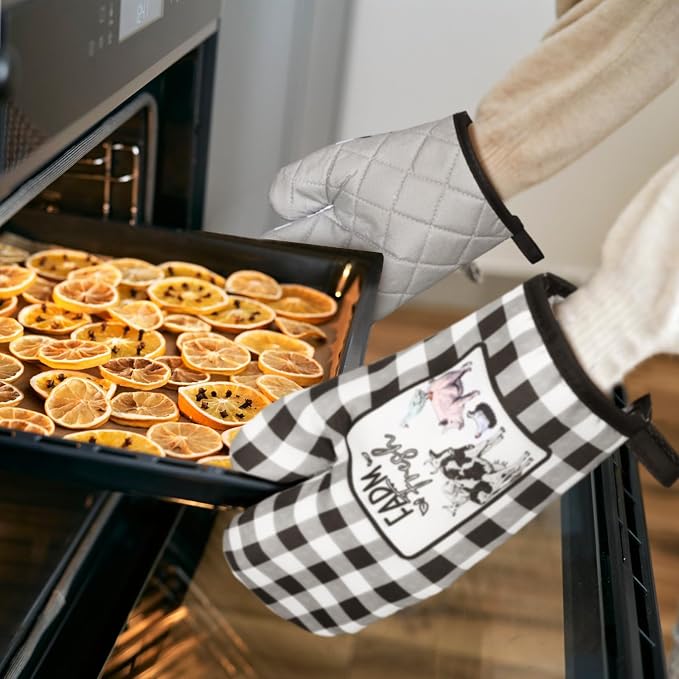 Bencailor 6 Pcs Farm Kitchen Towels Oven Mitts and Pot Holders Decorative Dish Towels Tea Non Slip Heat Resistant Oven Gloves for Summer Home Cooking Dish Baking BBQ, Black, White