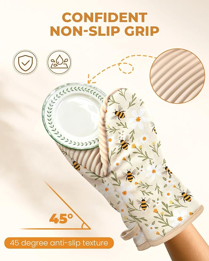100% Thick Cotton Oven Mitts Ribbed Soft Silicone Bee Flower | Aesthetic Oven Mitts for Women, Machine Washable Non-Slip Kitchen Mitts, Reversible for Both Hands, Stylish Kitchen Decor