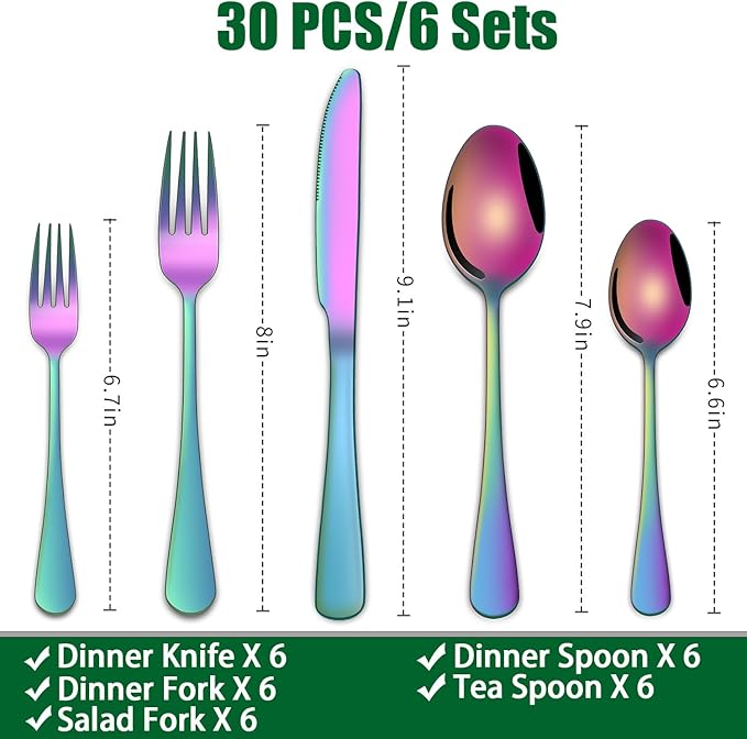 Colorful Rainbow 30 Pieces Silverware Sets Service For 6,Colored Flatware Sets Contains Knife And Fork Spoons Eating Utensils Sets For Kitchen Tableware